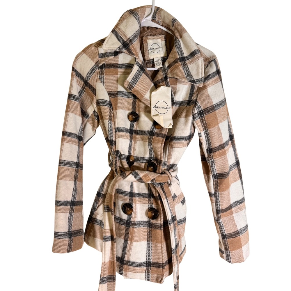 Vine & Valley Womens Tan Plaid Double Breasted Tie Waist Pea Coat Small NWT